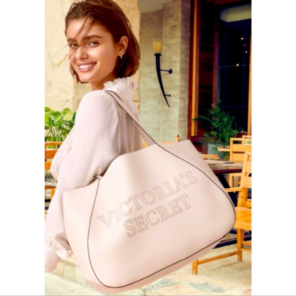 NWT-Victoria Secret Laser Cut Perforated Logo Tote Bag Purse with Wrislet